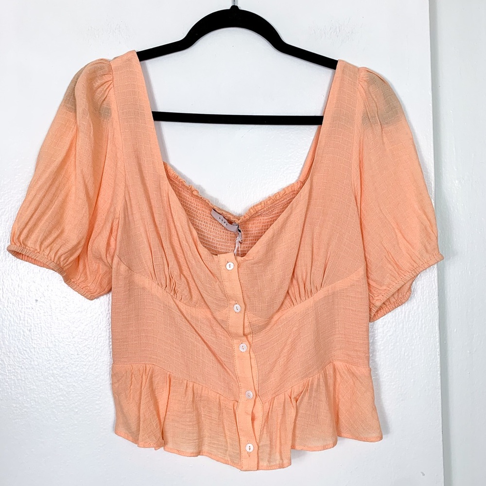 Lush Peach Ruffle Sleeve Button Down Crop Top